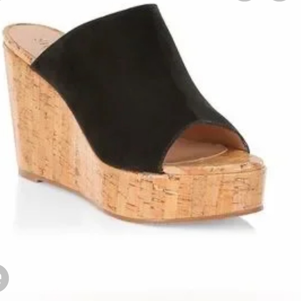 Stuart Weitzman Black Suede Cork Wedges